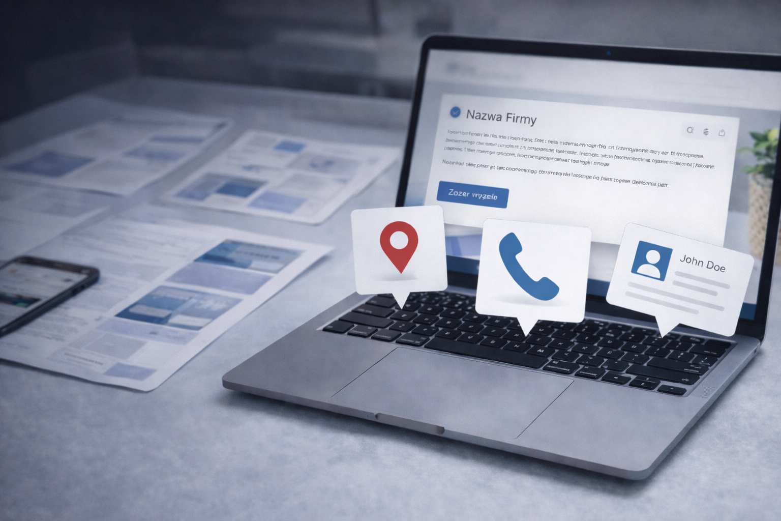 Laptop z danymi kontaktowymi firmy